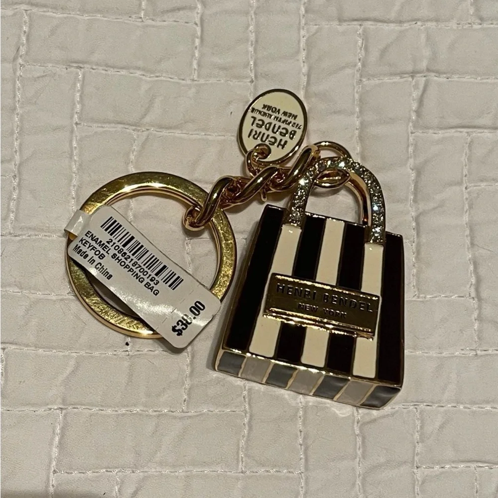 New Henri Bendel centennial stripe Shopping Bag Keychain Swarovski Crystals RARE